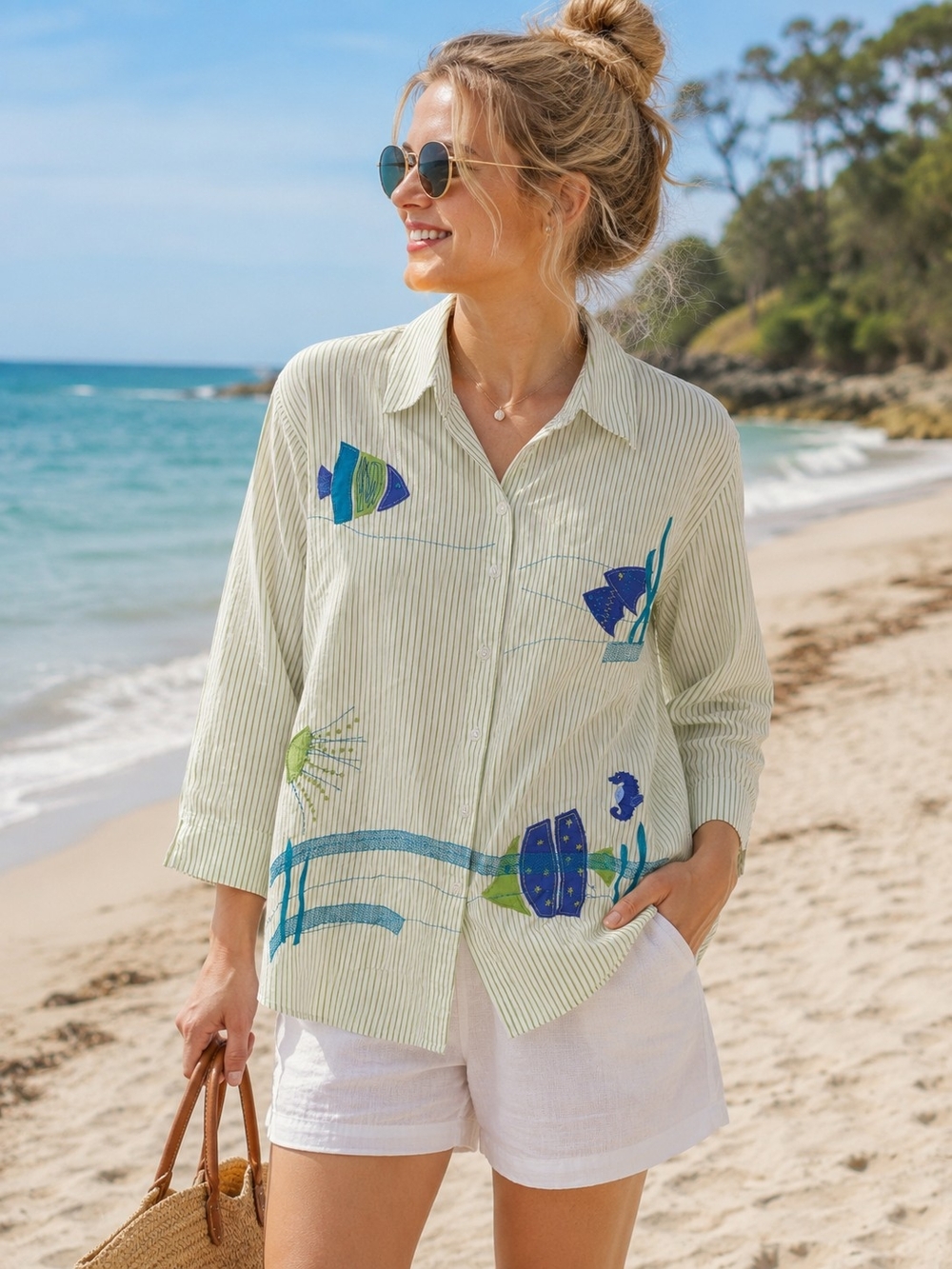 Bechamel Fish Appliqué Striped Button Front Shirt Medium Coastal Cotton